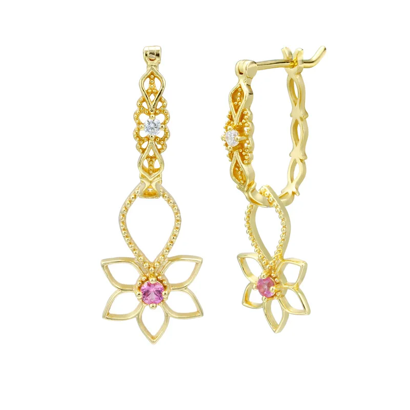 

Vintage Luxury Hollow Flower Red corundum Crystal 925 Sterling Silver Dangle Drop Piercing Earrings for Women Gemstone Jewelry