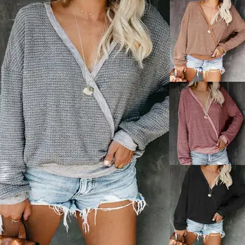 

Casual Long sleeve Women Solid Color Deep V Neck Cross Checks Loose High quality Blouse