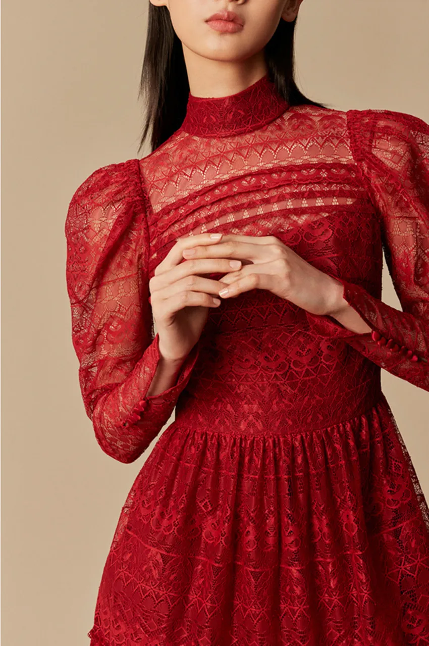 HAMALIEL Подиумные дизайнерские осенние кружевные вечерние платья модные женские красные с пышными рукавами Открытый миди элегантный воротник-стойка Vestidos