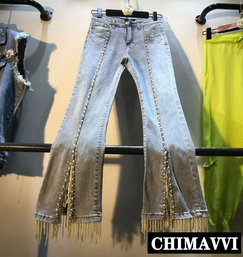

2019 Autumn New Heavy Diamond Fringed Beads High Waist Slim Micro-jeans Trousers Women Skinny Tassel Flare Denim Pants