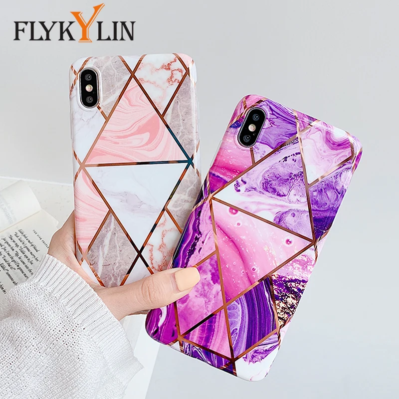 FLYKYLIN Plating Marble Case For iphone 6S 6 S 7 8 Plus XS Max X XR Back Cover on Geometric Splice Granite Silicone Phone Coque |