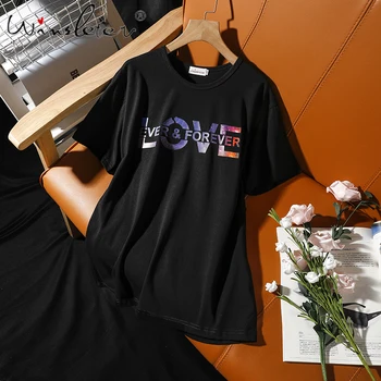 

Summer Loose Korean Clothes T-shirt Fashion Letter Love Pullover Women Cotton Casual Short Sleeve Tops Large Size Tees T06910