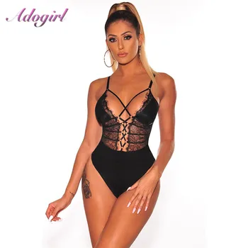 

Adogirl One Piece Suit Sexy Sheer Mesh Lace Up Bodysuit Women Casual Bandage Backless Jumpsuit Femme Body Tos Tee Outfit Rompers