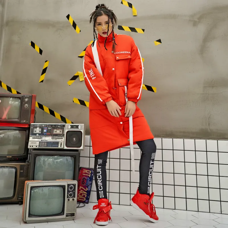 

Thick Long Coat Parka Women Warm Winter Oversize Girls Streetwear Wide-waisted Print Letters Cotton Jackets Ribbon Snow Outwear