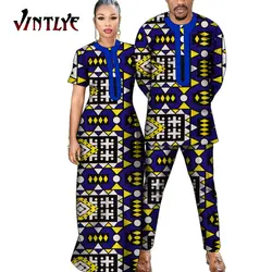 Bazin Riche African Clothes Ankara Print Couples Matching Clothing Set Women Long Robe Dress and Men Suit Dashiki Lovers Clothes