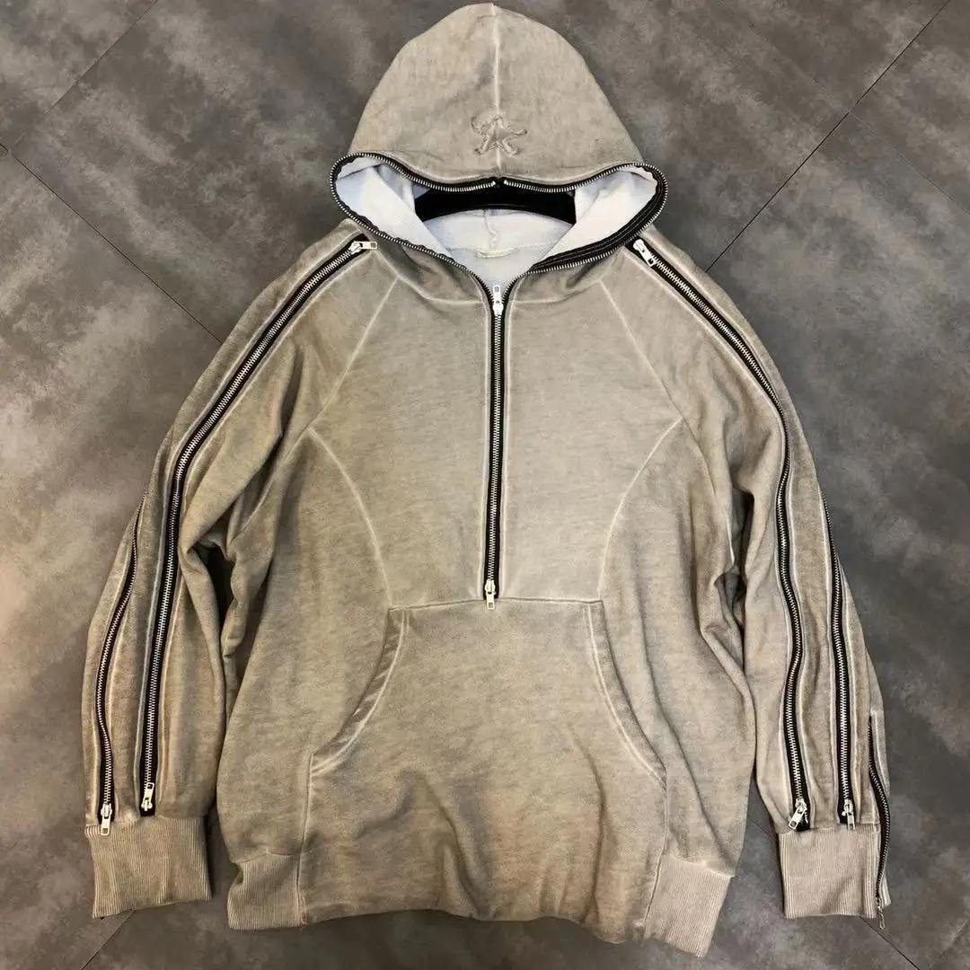 

2019 autumn new hooded multi-zip long-sleeved old washed five-pointed star sweater women