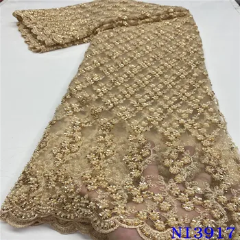 

High quality Gold lace african Handmade lace fabric with sequins french mesh lace fabric for nigerian wedding party material
