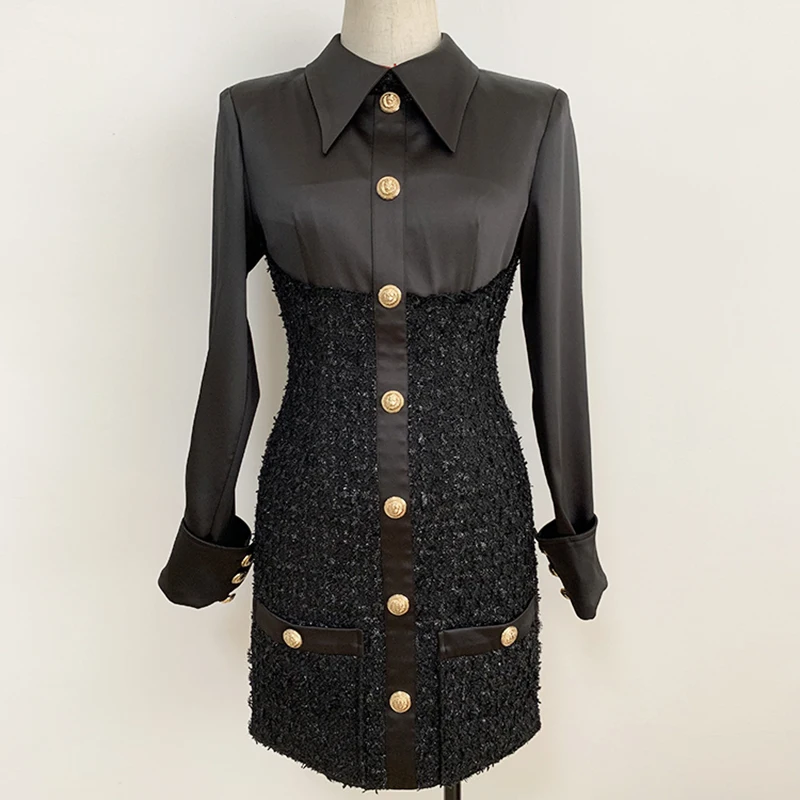 

HIGH STREET Newest 2024 Designer Fashion Stylish Dress Women's Lion Buttons Satin Patchwork Tweed Shimmer Dress
