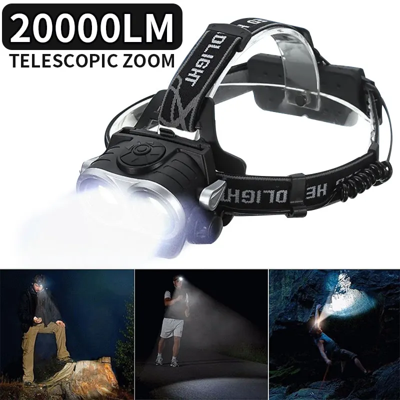 Налобный фонарь, мощный светильник 20000LM, фонарь, лампа для наружного кемпинга, головной светильник с 18650 батареей, прочные Товары для рыбалки, спортивные товары T6