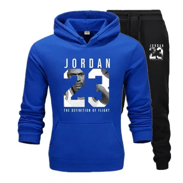 Горячее предложение, брендовый спортивный костюм, модный JORDAN 23, мужская спортивная одежда, комплект из двух предметов, хлопковая флисовая Толстая Толстовка с капюшоном+ штаны, спортивный мужской костюм - Цвет: blueblack