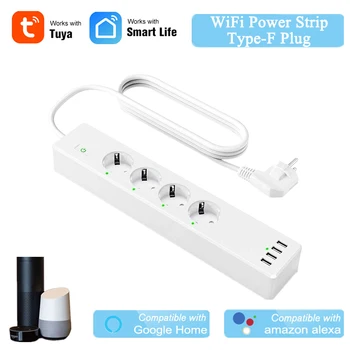 

Smart WiFi Power Strip Tuya Smart App Control Type-F EU 4 Outlets 4 USB Ports Individually Control Alexa Google Home Voice