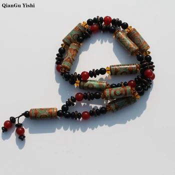 

Vintage Natural Stone green Ice crack three eyes Tibet Dzi Beads Pendant Necklace Mantra Sign Buddha Necklace Unisex Jewely