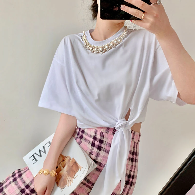 DEAT 2020 new spring and summer fashion women clothing round neck short sleeve pearl beading pullover loose T-shirt WL10500L | Женская