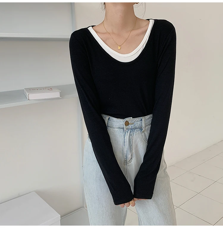 H7ea1145dec364a78a345d4cab06ff768S - Spring / Autumn O-Neck Long Sleeves Fake Two-Piece Loose T-Shirt