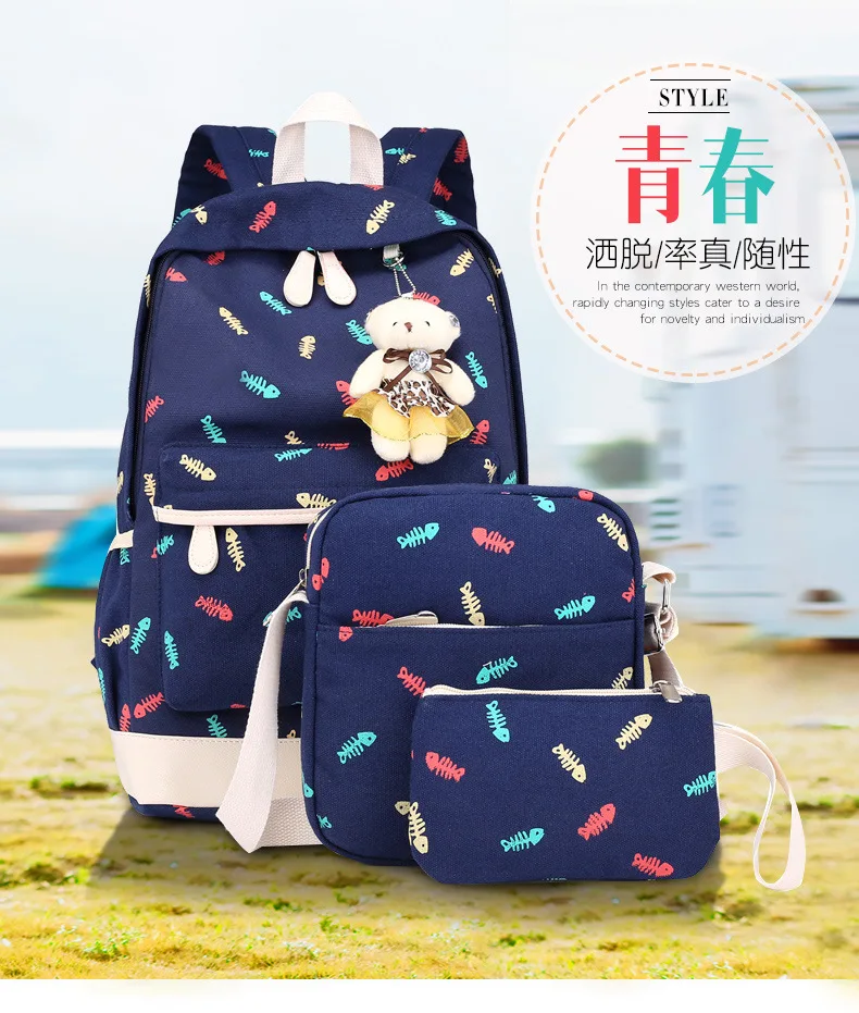 

2019 New Style-Korean-style Cool Printed Backpack Middle And High School Students Three-piece Set Bag