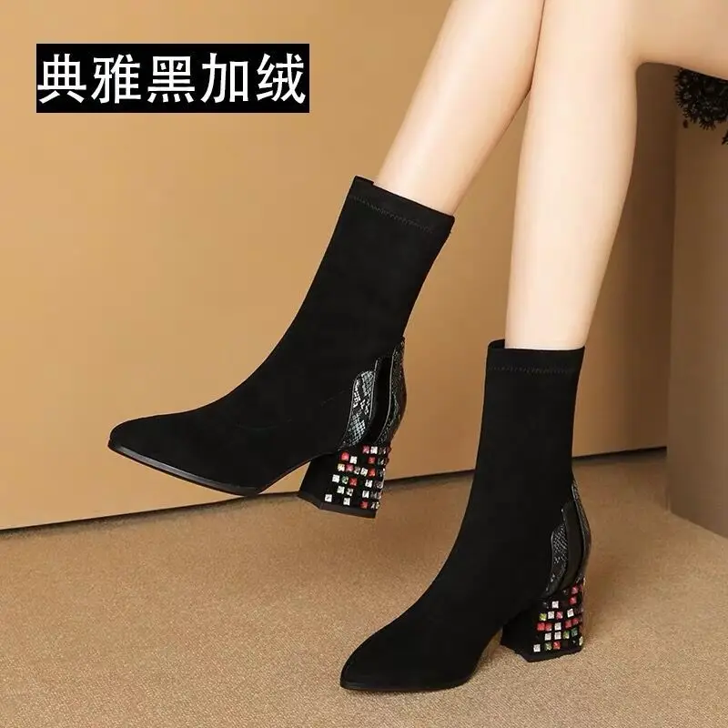 

2019 Winter Middle Boots Women's Martin Chunky-Heel New Style plus Velvet Boots Women's Faux Fur Versatile Adult Man-made Diamon