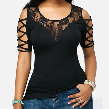 

Summer Hollow Out Lace Patchwork Women's Blouses Short Sleeve Bandage Female Tops 2020 Black Slim Casual Streetwear Lady Blouse