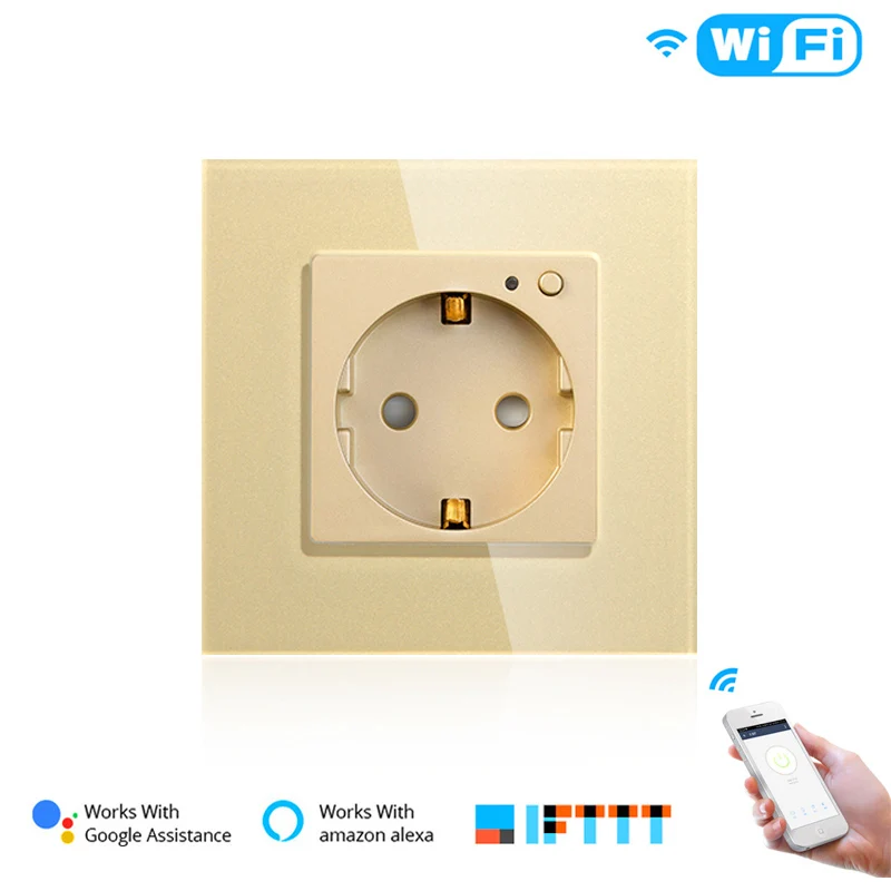 Gold ЕС WiFi умная настенная розетка 16А розетка стеклянная панель Gemany Smart Life/Tuya пульт дистанционного управления работает с Amazon Echo Alexa Google Home - Цвет: Gold