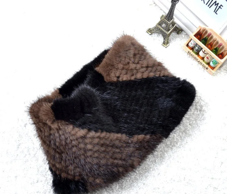 Black With Brown Настоящее Норковое меховое оголовье Snood Женское зимнее теплое кольцо шарф шейный платок ручной работы эластичное плотное плетение пушистое мягкое 20 цветов - Цвет: Black With Brown
