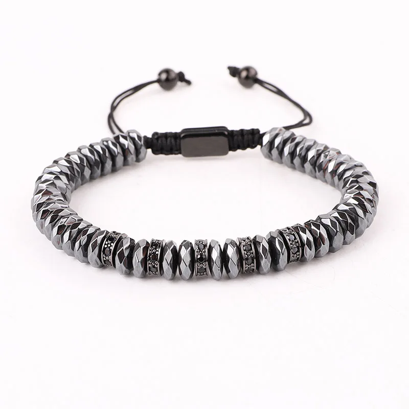 New Design Natural Faceted Hematite Beaded CZ Micro Pave Charms Handmade Adjustable Bracelet Men Jewelry Gift - Image 5