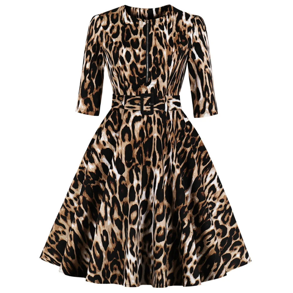 Spring Zipper Half Sleeves Women Dress Sexy Leopard Print Pockets Vintage Belts Party Vestidos Swing Retro | Женская одежда