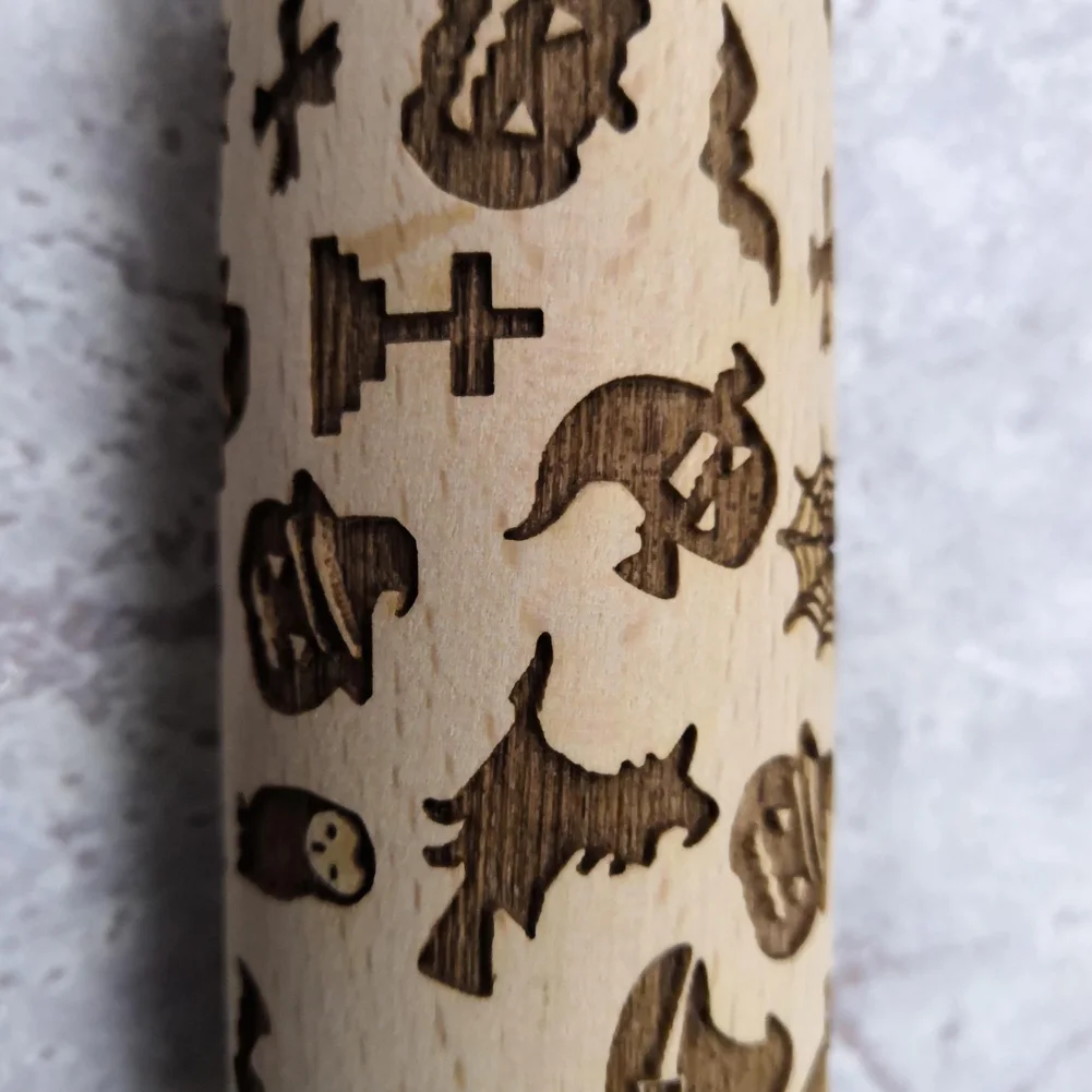 

Craft Wooden Engraved Durable Portable Kitchen Decorating Rolling Pin Cookie Baking Tool Noodle Embossing Halloween Non-stick