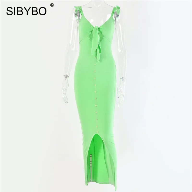 SIBYBO, сексуальное длинное платье с вырезом и бантом, на тонких бретелях, с v-образным вырезом, в рубчик, осеннее платье, женские вечерние платья на пуговицах с открытой спиной