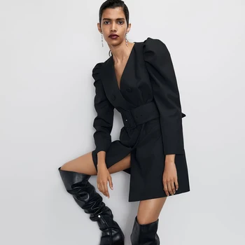 

2019 Autumn and Winter ZA Suit Dress Suit British Style Women's Bubble Long Sleeve V-neck Stitching Temperament Belt Dress