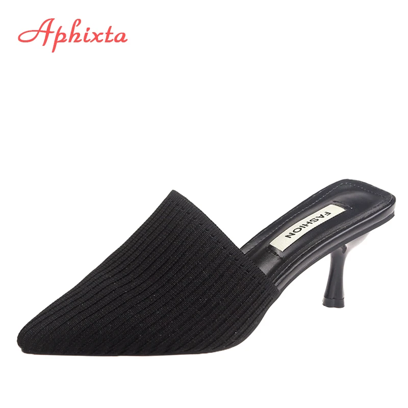 Aphixta Women Pointed Toe Slipper Knit Mesh Breathable High heels Mules slippers Slip on Summer Shoes Thin Heel Ladies Slides | Обувь