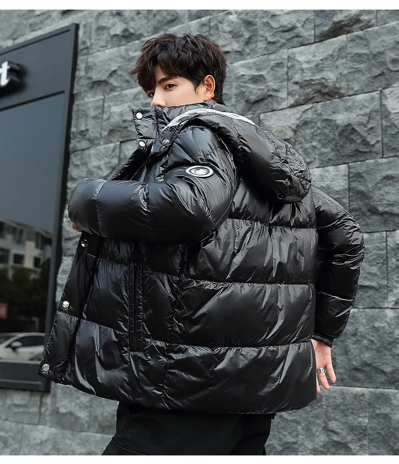 waterproof puffer jacket Winter 90% white duck down men's shiny down jacket men's short new couple models hooded down jacket Just for u Winter Down Parka mens puffer jacket