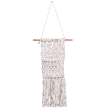 

Macrame Wall Hanging with Storage Pocket, Bohemian Style Book Flowers Storage Key Organizer Mail Holder Cotton Woven