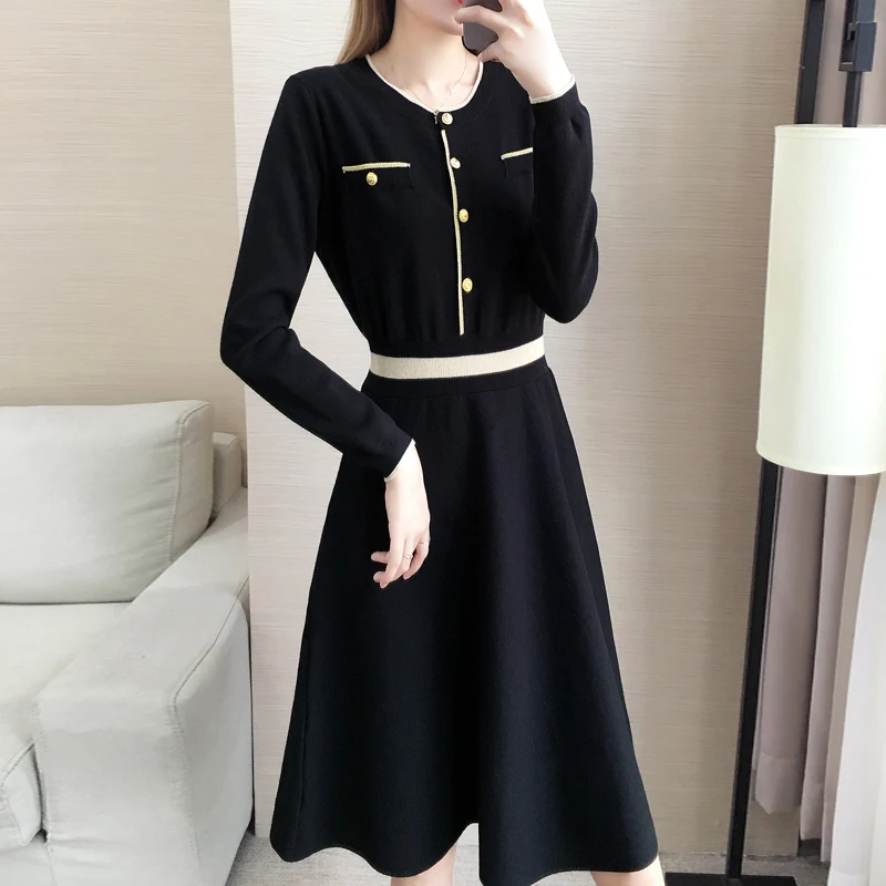 

2019 New Long Knitted Dress Women Slim A-line Elegant Office ladies Sweater Dress Vintage Spring Autumn Dress Female Vestidos