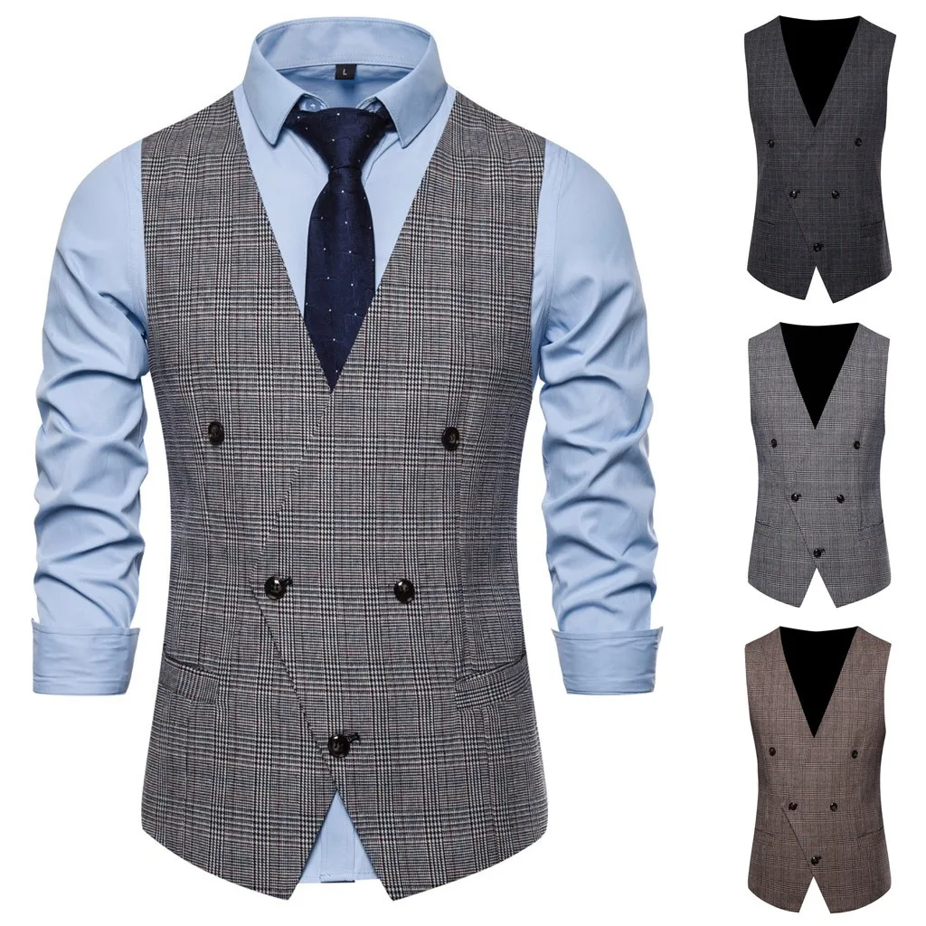 Men Fashion Business Smart Casual plaid double breasted vest Wedding Party Waistcoat Tops vintage gilet Jacket free shiping