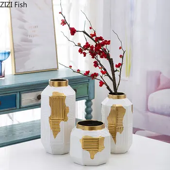 

Geometric Decor Ceramic Vases Golden Texture Porcelain Vase Desk Decoration Floral Arrangement Home Decoration Accessories
