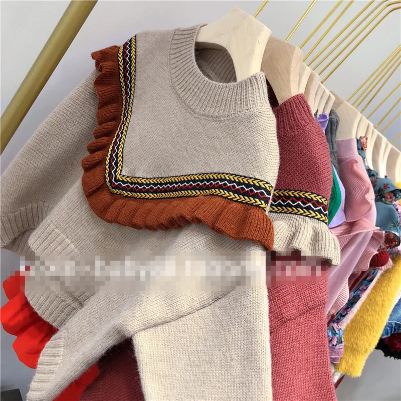 

2018 Autumn And Winter New Products Korean-style Girls Frilled round Neck Pullover Sweater Baby Girls Bat Sleeve Sweater