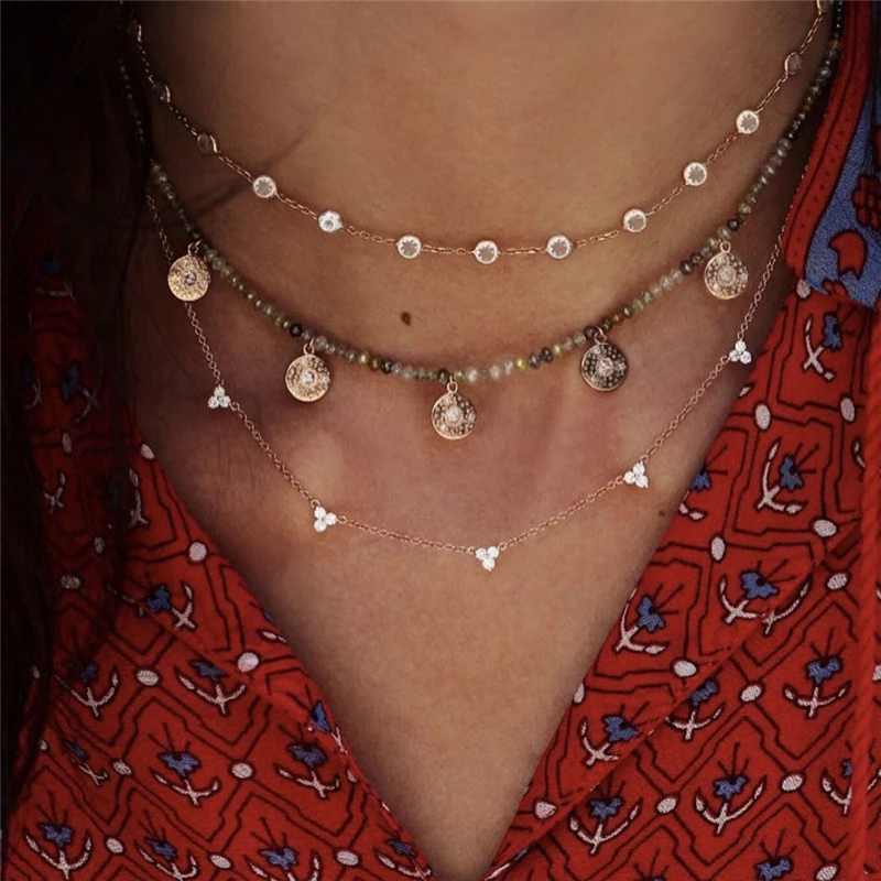 Boho винтажное модное многослойный ожерелье s для женщин Многоэлементный геометрический Хрустальный каменный кулон длинное ожерелье подарок ювелирные изделия - Окраска металла: NE-0054-2