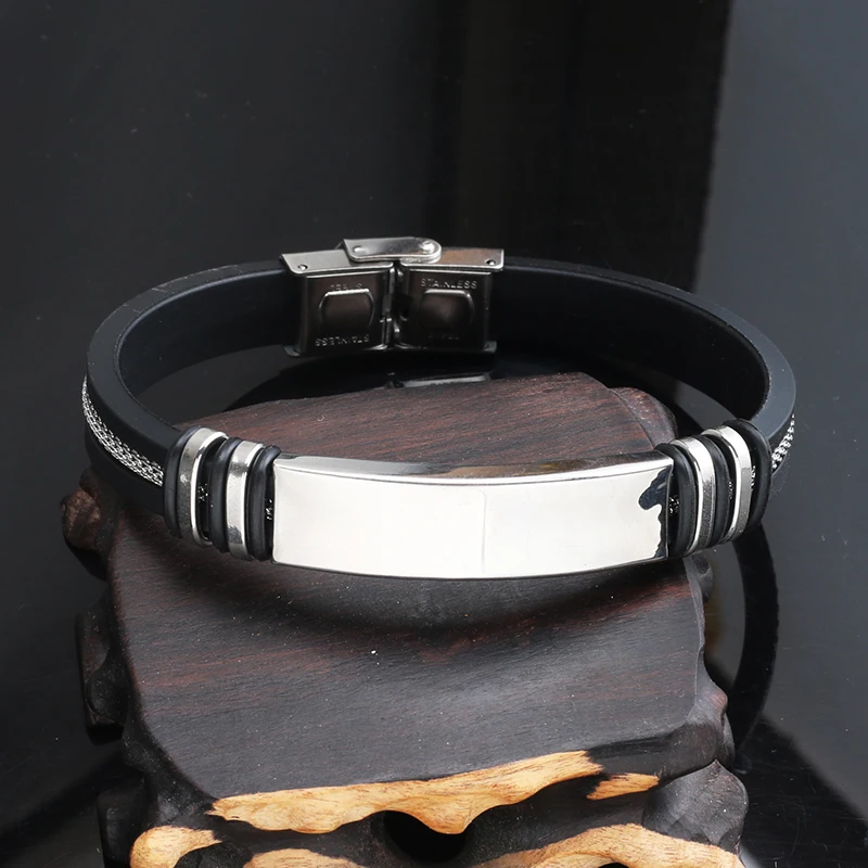 Bracelet Jewelry Trend Smooth Glossy Stainless Steel Metal Men's Bracelet Classical Black Silicone Grooved Braided Chain Bracelet