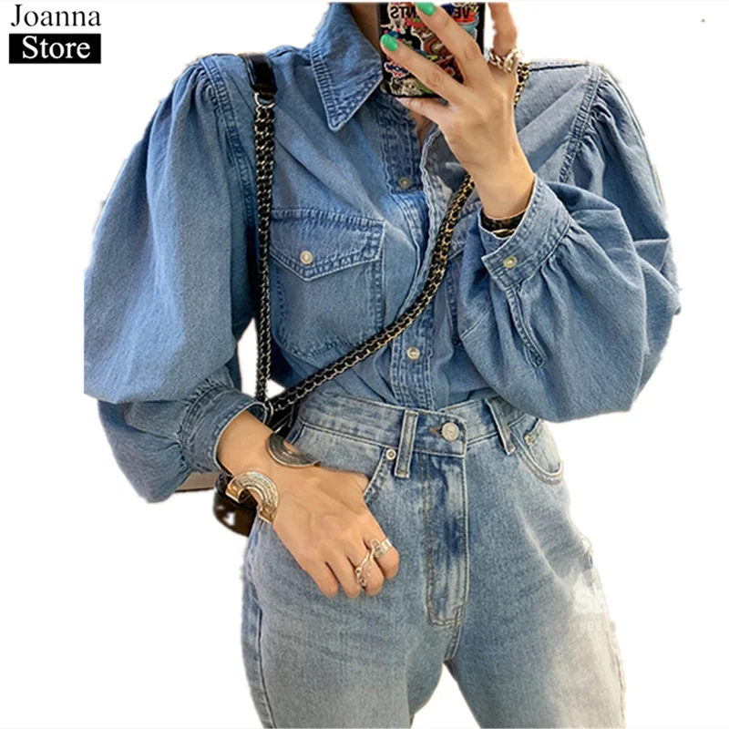 Женская джинсовая рубашка с отложным воротником и длинными рукавами