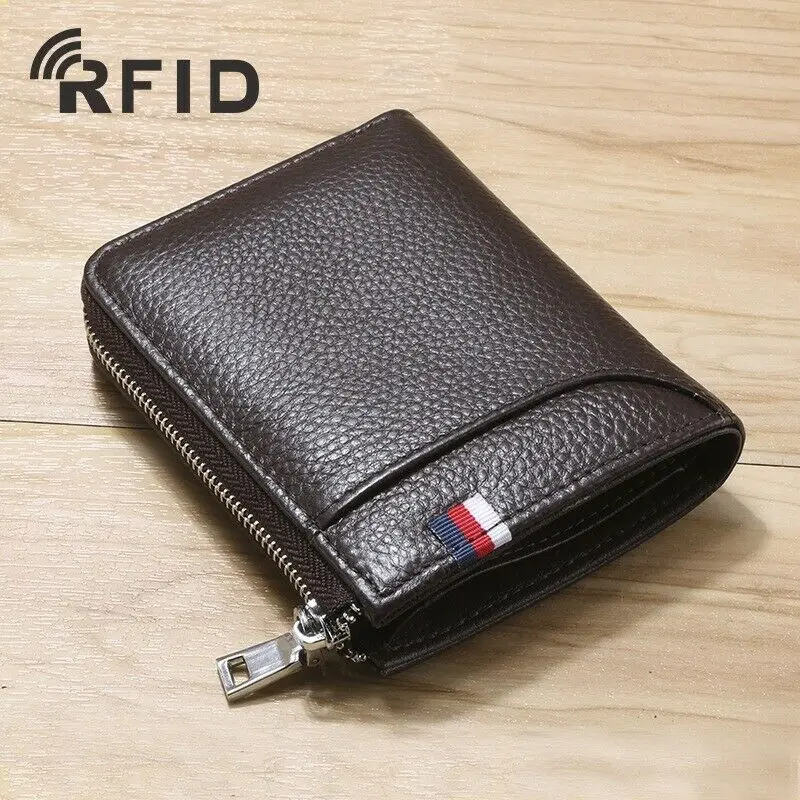 Натуральная кожа мужской кошелек на молнии RFID Блокировка ID держатель для карт сумка - Цвет: Кофе