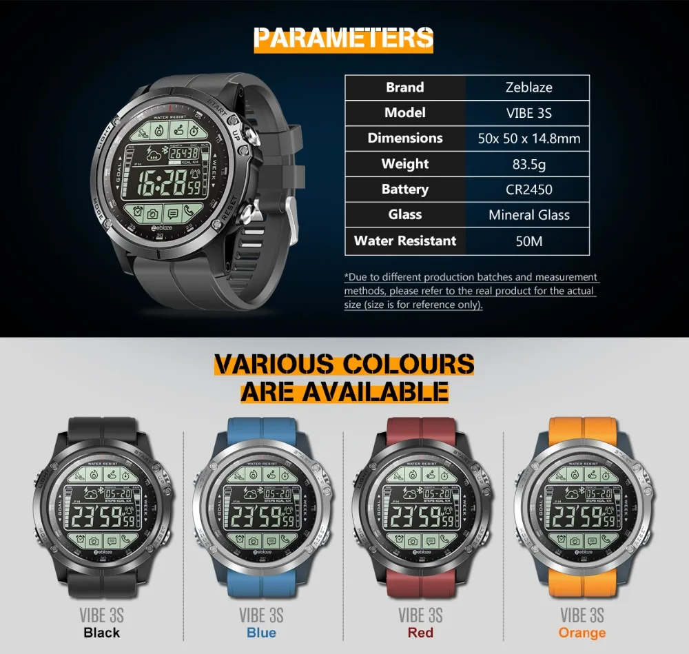 Zeblaze VIBE 3S прочные уличные Смарт-часы в режиме реального времени погодные расстояния шаги отслеживание калорий 5 ATM/50 M/164ft Водонепроницаемость