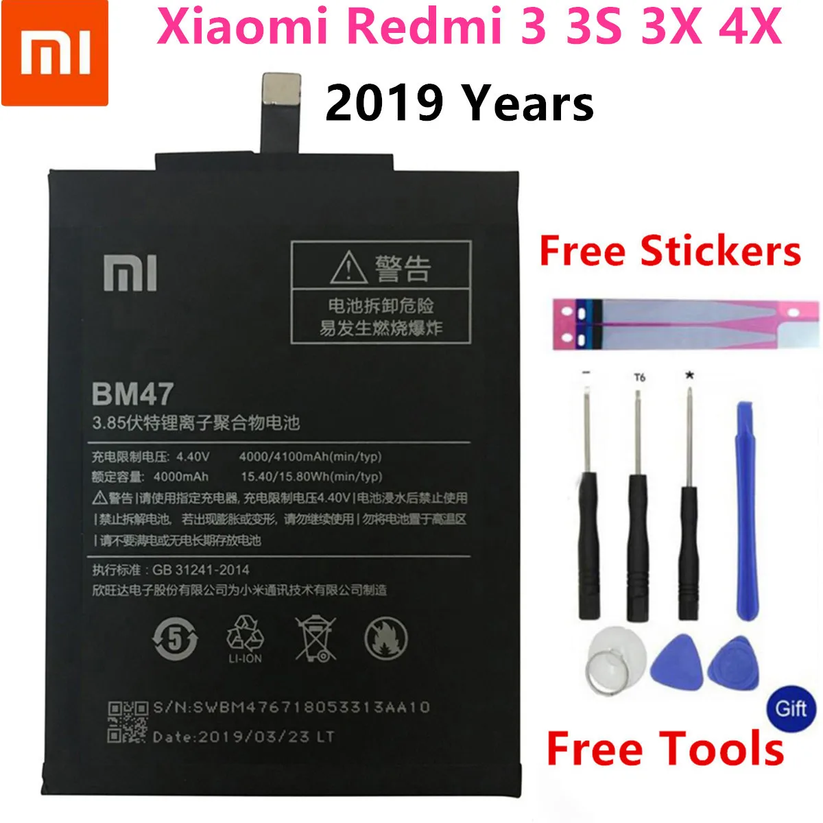 

Original Replacement Battery For Xiaomi Redmi 3 3S 3X 4X Redmi3 Pro Hongmi Redrice 3 3s BM47 Genuine Phone Battery 4100mAh+Tools