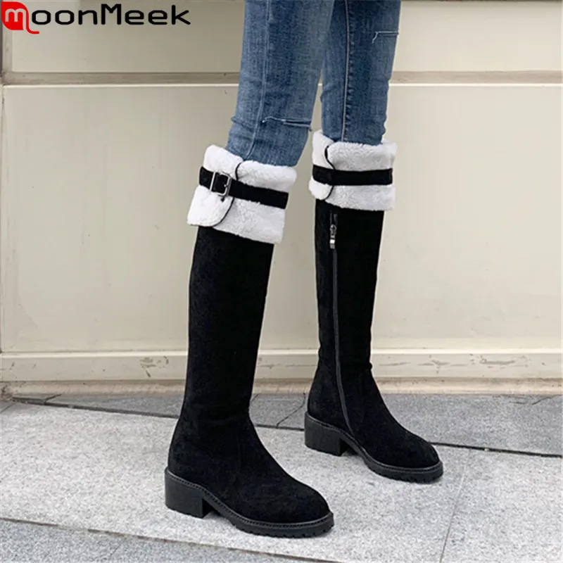 

MoonMeek 2020 winter new arrive high quality women boots med heel round toe sheepskin over the knee boots big size 33-43