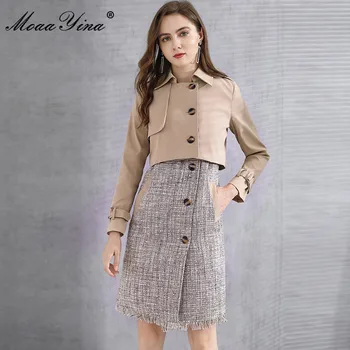 

MoaaYina Fashion Designer Set Spring Women Single-breasted Belt Woolen cloth Dress+Long sleeve Short jacket Tops Two-piece sets