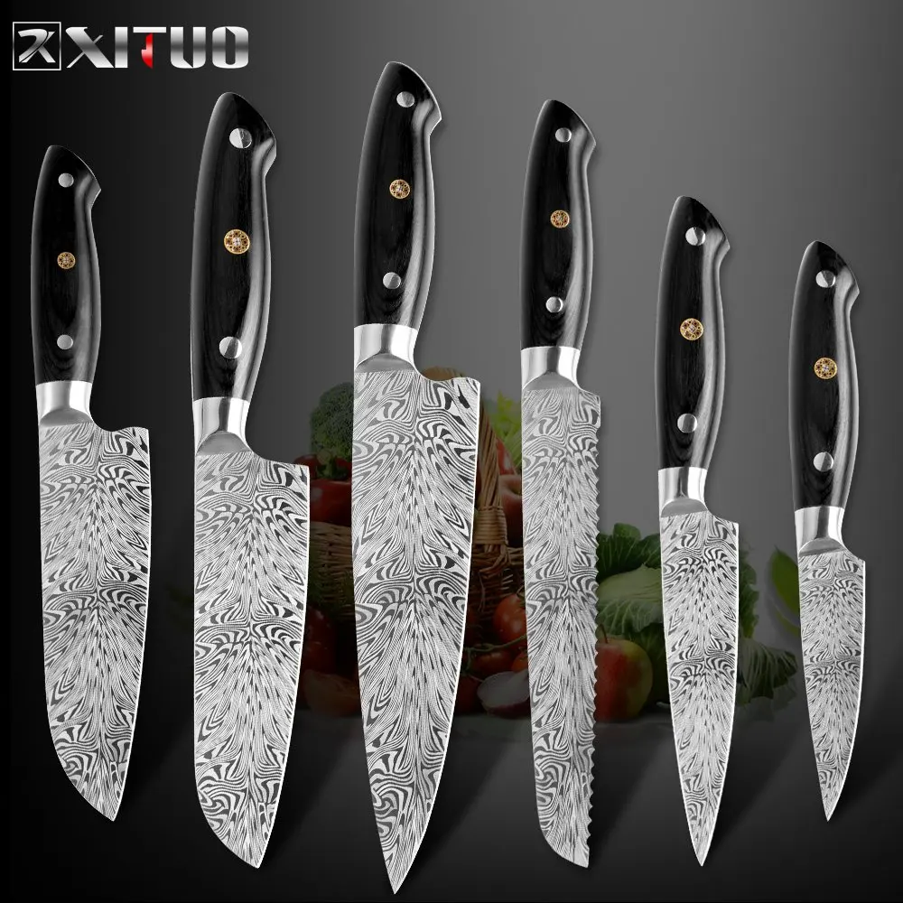 6PCS set XITUO кухонный нож повара лазерный дамасский нож из дамасской стали из нержавеющей стали Острый японский сантоку утилита Кливер кухонные ножи - Цвет: 6PCS set