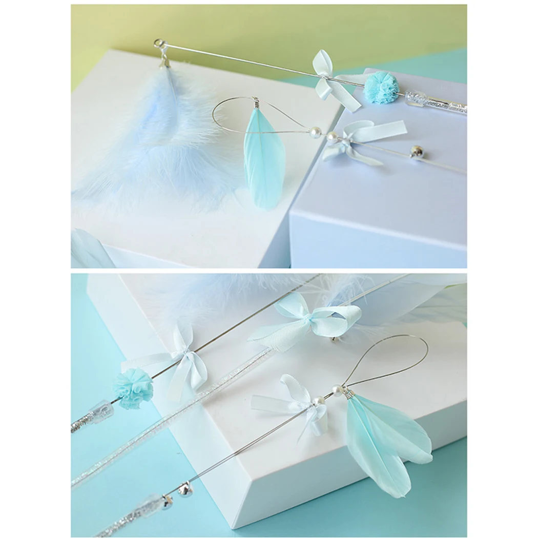 3pcs Cat Teaser Toy Faux Feather Bow Flexible Bell Kitten Teaser Wand Pet Training Toy Premium Plastic Pet Supplies 4 Colors