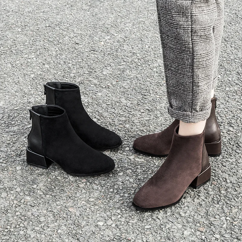 

Concise Leisure Women Autumn Ankle Boots Pointed Toe Med Vintage Short Boots Solid Hoof Heels Winter Shoes Plus Size