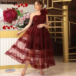 Sevintage Dark Burgundy Tulle Arabia Midi Prom Dresses Tiered Skirt Dubai Evening Gowns Lace One Shoulder Formal Party Dress