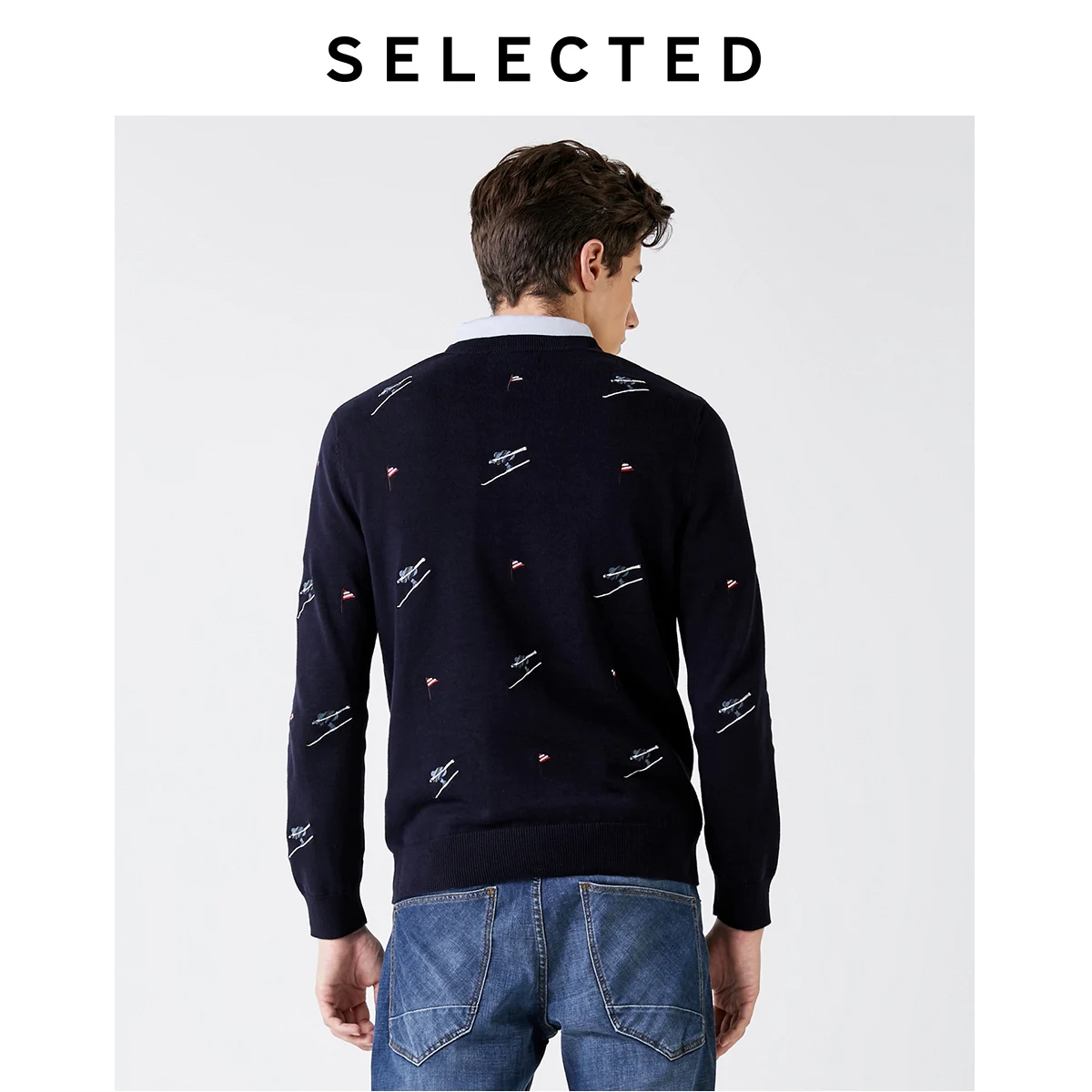 Избранные мужчины A/W хлопок круглый вырез пуловеры цветная вышивка вязаный свитер S | 419424502