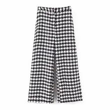 KZ915 Autumn Winter Women Chic Black White Color Block Houndstooth Pants New Fashion Trousers