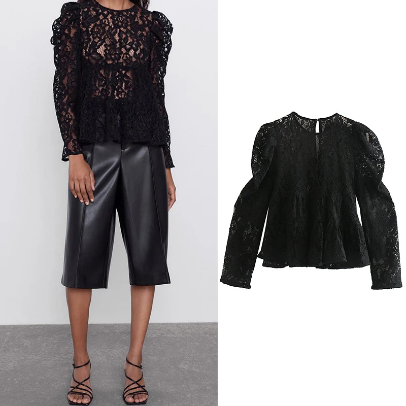 Женская кружевная блузка za черная винтажная укороченная с пышными рукавами для